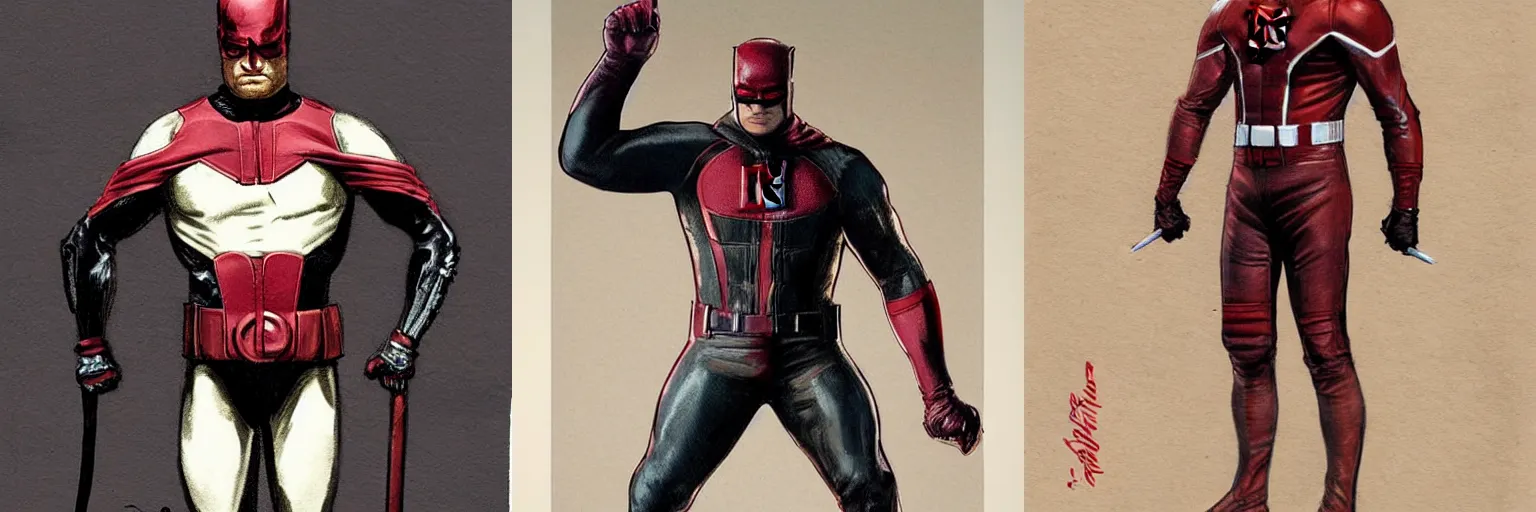 Image similar to daredevil concept art leather suit billy stick painted by jc leyendecker