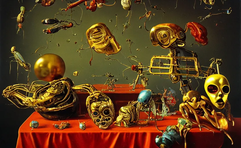 Image similar to strange robot body, disturbing colorful oil painting dutch golden age vanitas still life sparse composition with bizarre objects strange gooey transparent surfaces shiny metal reflections bizarre mutant meat insects rachel ruysch dali todd schorr very detailed perfect composition rule of thirds masterpiece canon 5 0 mm, cinematic lighting, photography, retro, film, kodachrome