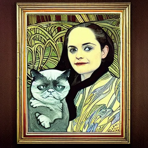 Image similar to “ george costanza from seinfled holding grumpy cat, art nouveau, gold - leaf, by alphonse mucha ”