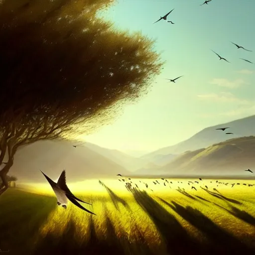 Image similar to closeup flock of swallow birds flying in avila, golondrinas, green fields, oak, spring season, 4 k, morning light, concept art, by wlop, ilya kuvshinov, artgerm, krenz cushart, greg rutkowski, pixiv. cinematic dramatic atmosphere, sharp focus, volumetric lighting, cinematic lighting, studio quality