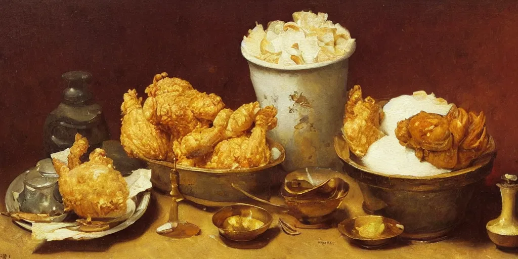 Image similar to a fineart still life painting of a KFC bucket and chicken on table. Oil on canvas, by Willem Kalf.