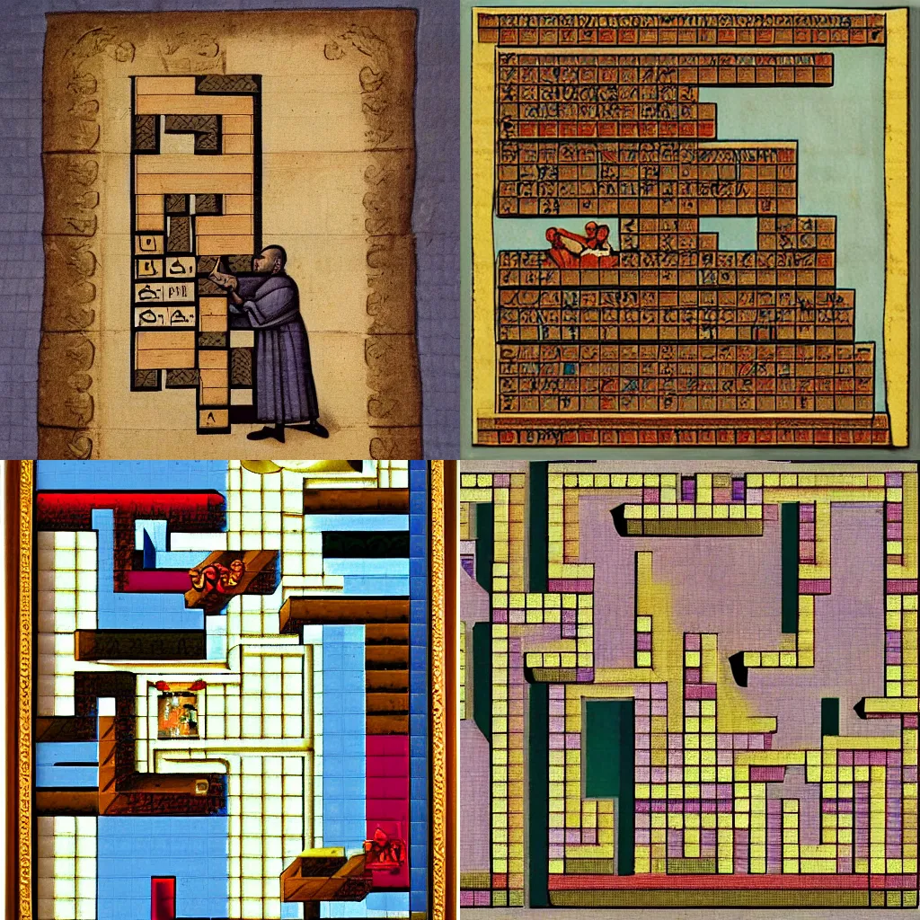 Prompt: a French monk from year 1222 playing tetris on his ancient scroll, photo realistic, 4k
