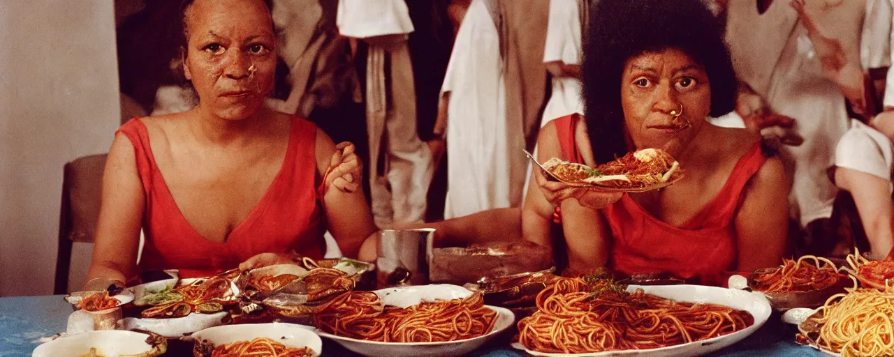 Prompt: queen hatshepsut of punt, enjoying a feast of spaghetti, in the style of diane arbus, canon 5 0 mm, kodachrome, retro