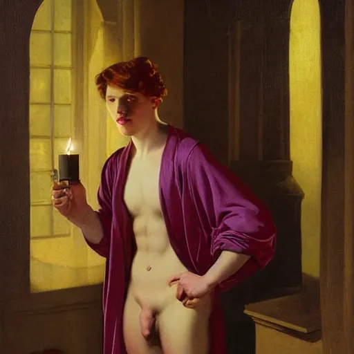 Image similar to daek gloomy shadows on the walls candle lighting, young beautiful man with reddish hair in lilac dressing gown holds a candle at night, creepy shadows crawling on the walls, highly detailed, digital art, Renaissance painting, by Leyendecker, by Rutkowsky,