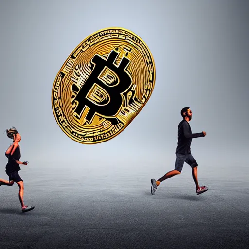 Image similar to people running away scared from a giant with bitcoin head, cinematic, 3D art, hyper-realistic, cryptocurrency, 8k
