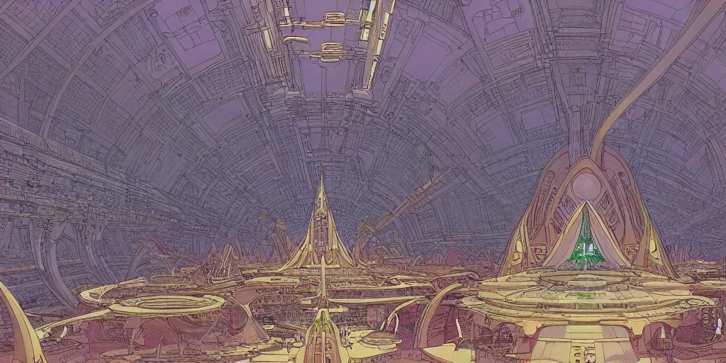 Image similar to cel shaded cinematic shot of the interior of a sci-fi space station with ornate Elven architecture bustling with various intelligent alien species, epic castle, emerald, crystalline, detailed illustration, sharp focus, crisp lines, art by Moebius, Jean Giraud Moebius comic illustration