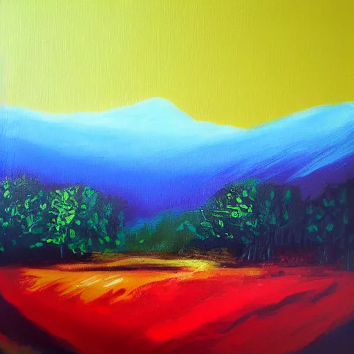 Image similar to landscape acrylic painting on canvas in the style of chris wilmshurst, bold colours