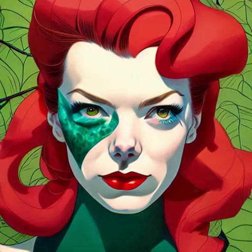 Image similar to joshua middleton, phil noto, artgerm, 1 9 5 0 s rockabilly emma stone poison ivy dc comics, pompadour, vines, symmetrical eyes, city rooftop