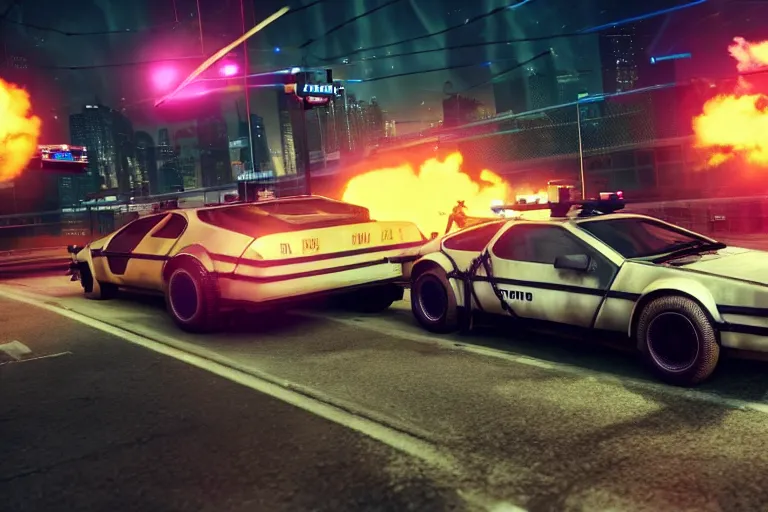 Image similar to photo of the back to the future battle combat machine gun delorean being chased by police on wet cyberpunk city streets at night, rocket league tank, mad max, action, speed, volumetric lighting, hdr, gta 5, syd mead, craig mullins, cinematic, fast and furious, octane, 8 k, iso 1 0 0, 1 2 mm