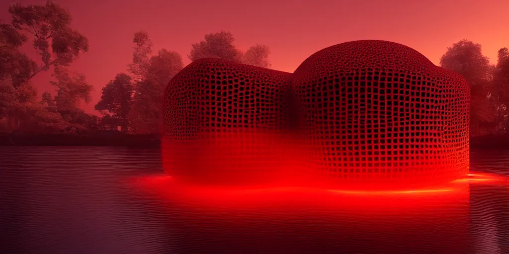 Image similar to An epic architectural rendering of a blob shaped trypophobia house with a mysterious red glow emitting from inside in a modern cityscape next to a river, stunning, gorgeous, golden ratio, photorealistic, featured on artstation, 4k resolution