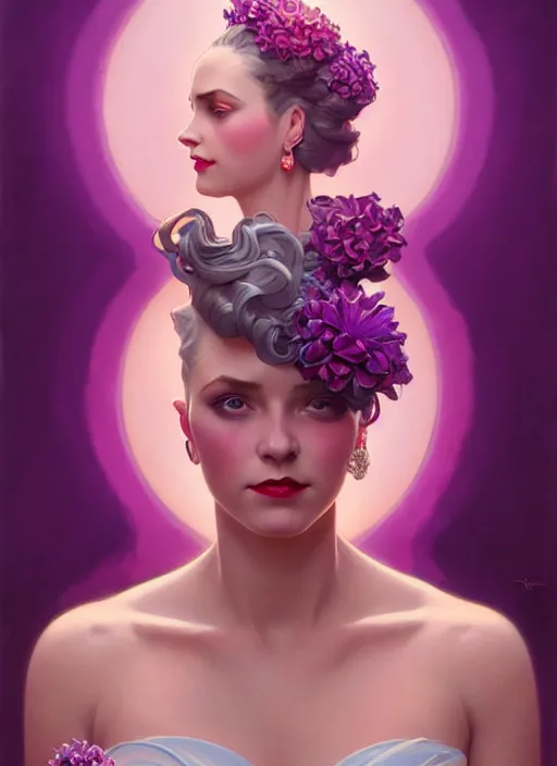 Image similar to leyendecker, brom, lovely regal queen, portrait, updo of black and pink ombre hair, crown, flowerpunk, crystal coated violet flowers, by greg rutkowski, anato finnstark, alphonse mucha, global illumination, radiant light