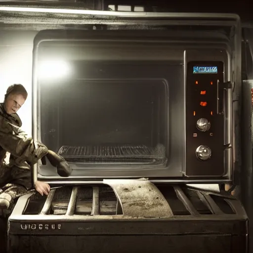Image similar to soldier with toaster oven augmentation, dark messy smoke - filled cluttered workshop, dark, dramatic lighting, orange tint, sparks, cinematic, highly detailed, sci - fi, futuristic, movie still