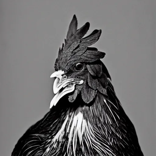 Prompt: A black and white 1900's photo of a chicken, close up, high detail, realistic.