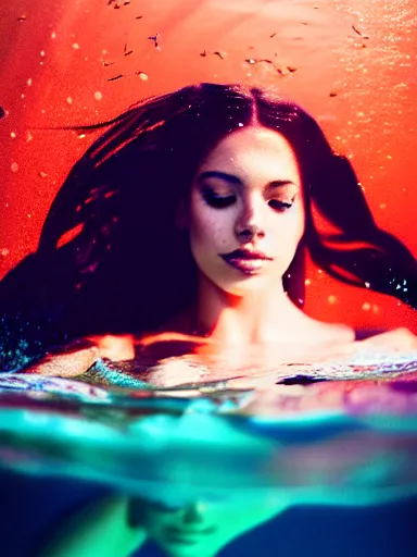 Prompt: portrait of beautiful, female, latina, floating under water, wearing robe, model, symmetrical!!, cinematic, filmic, vsco, fantasy, concept art, artstation, elegant, flim, dslr, full frame 3 5 mm, f 2