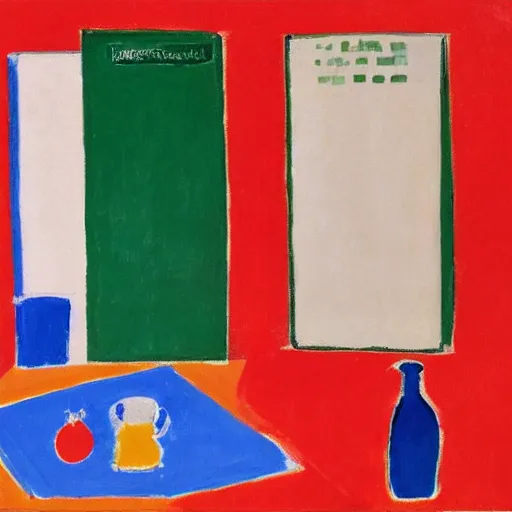 Prompt: refrigerator with milk cartons, in the style of madras rouge by henri matisse.