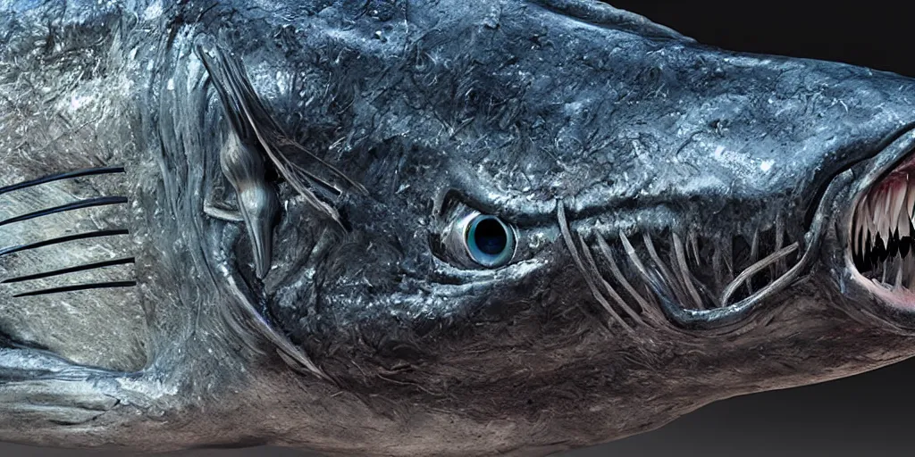 Image similar to tuna, stylized layered textures, long flowing fins, bioluminescent orbs, 3 d render, substance painter, glowing eye, smooth, sharp focus, art by h r giger