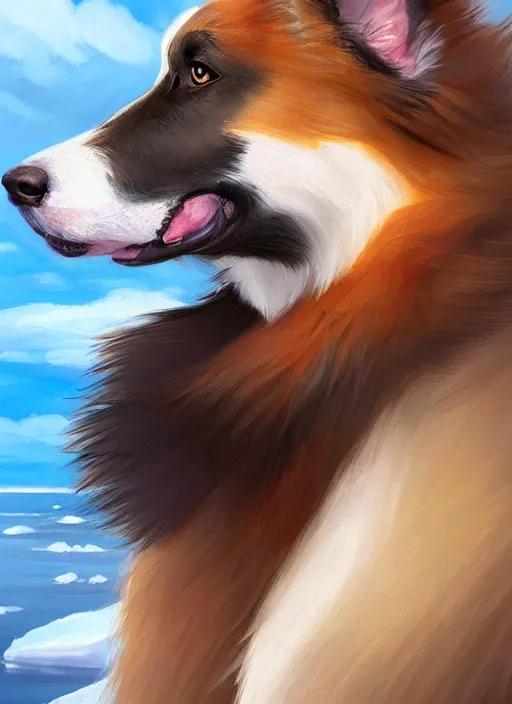 Prompt: beautiful portrait of a cute male anthropomorphic border collie fursona wearing a swimsuit in antarctica. character design by charlie bowater, henry asencio, and ross tran. scenic background, detailed, glamor pose, aesthetic, trending on artstation, top rated on furaffinity and deviantart