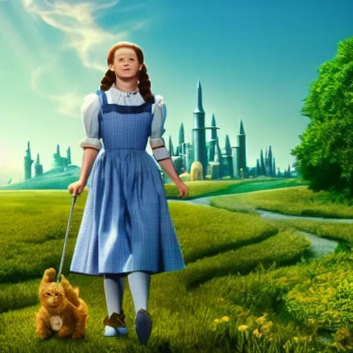 Prompt: Dorothy in Wizard of Oz by Michael Bay, widescreen, panaflex, lens flares, emerald cityscape, highly detailed 8k render, unreal engine 5, sharp