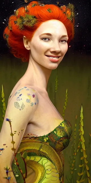 Prompt: adorable woman, serene smile surrounded by golden firefly lights, amidst nature fully covered by a intricate detailed dress, long red hair, precise linework, accurate green eyes, small nose with freckles, smooth oval shape face, empathic, expressive emotions, nocturnal spiritual scene, hyper realistic ultrafine art by artemisia gentileschi, jessica rossier, boris vallejo