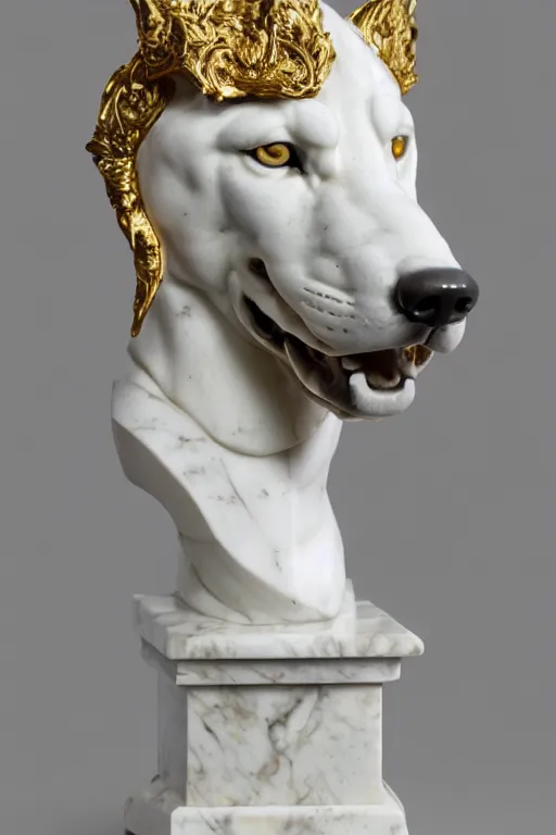 Prompt: a white marble bust of a wolf with gold filigree