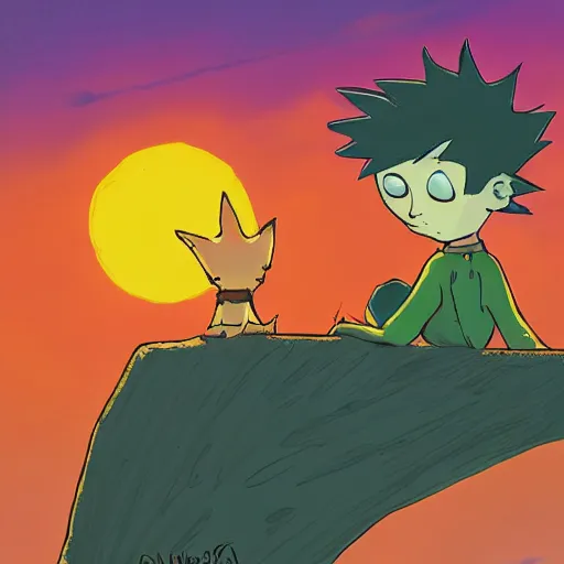 Image similar to the little prince, fox, sunset, gorillaz art style