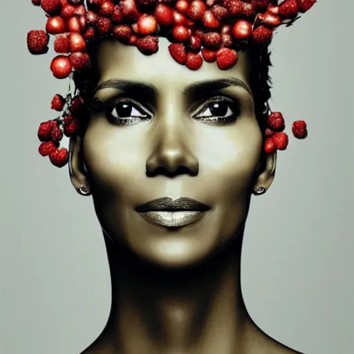 Prompt: a portrait of of halle berry constructed from berries, collage, drop shadow, organic, layered composition, layers, texture, mcu, petals, highly textured, layered, sculpted, dynamic,