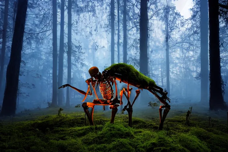 Prompt: a burning human skeleton sitting in foggy forest behind computer at moonlight night, overgrown with moss, light, dark atmosphere, dark fantasy, highly detailed