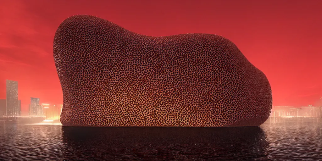 Image similar to An epic architectural rendering of a blob shaped trypophobia house with a mysterious red glow emitting from inside in a modern cityscape next to a river, stunning, gorgeous, golden ratio, photorealistic, featured on artstation, 4k resolution