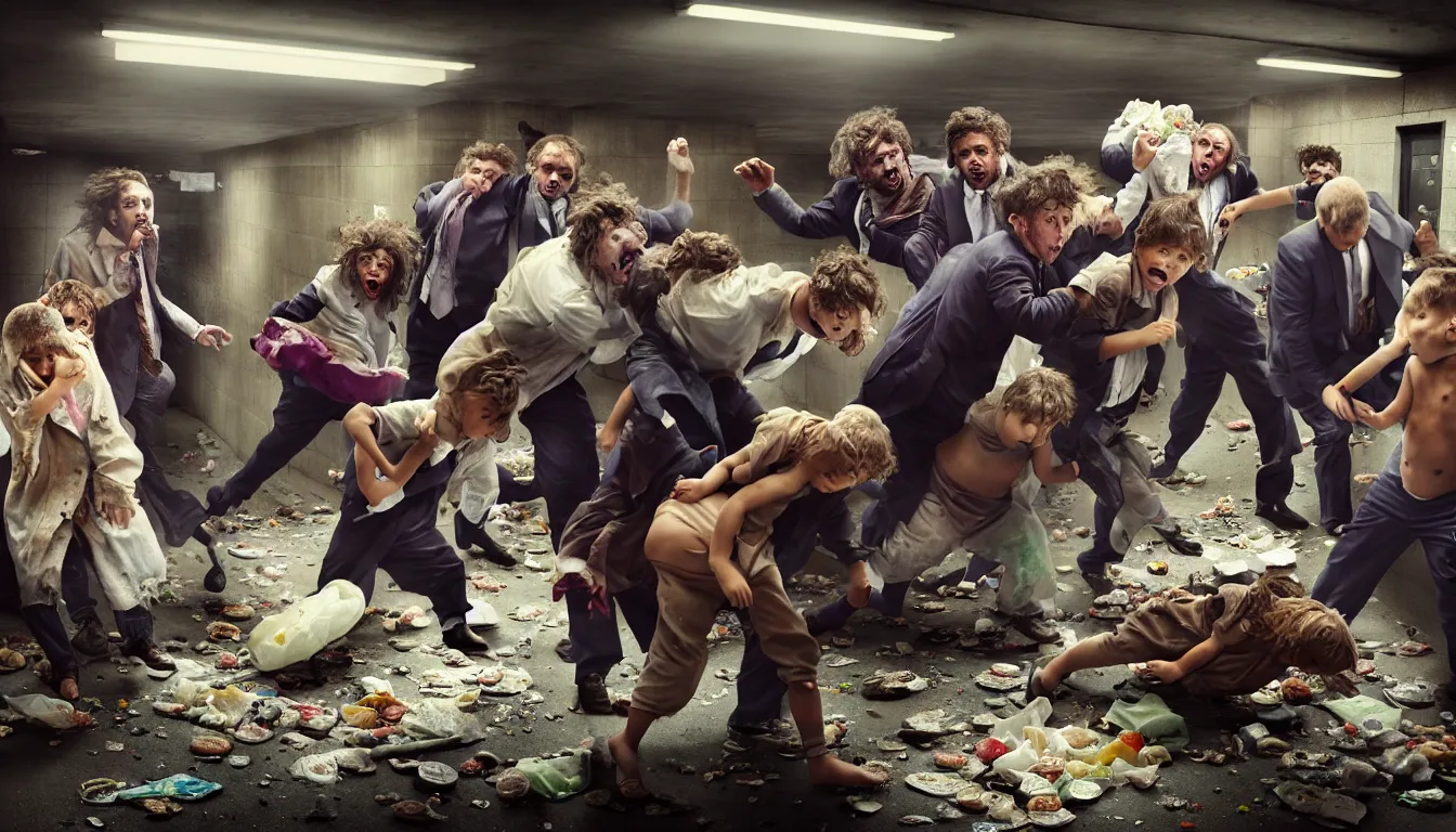 Prompt: disheveled children in rags and obese men in suits fighting in a squalid subway over piles half eaten fast food and money, hyper realistic photo, full colour, upscale, 8 k