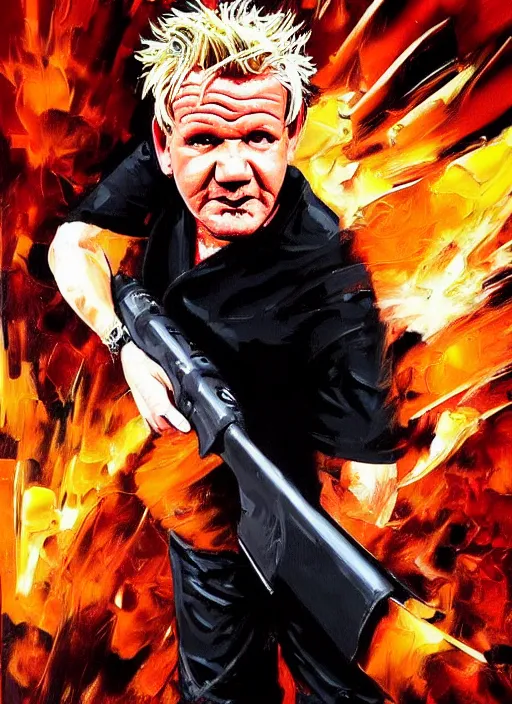 Prompt: gordon ramsay shooting guy fieri, shooting, muzzle flash, enraged, painting by phil hale, 'action lines'!!!, graphic style, visible brushstrokes, motion blur, blurry