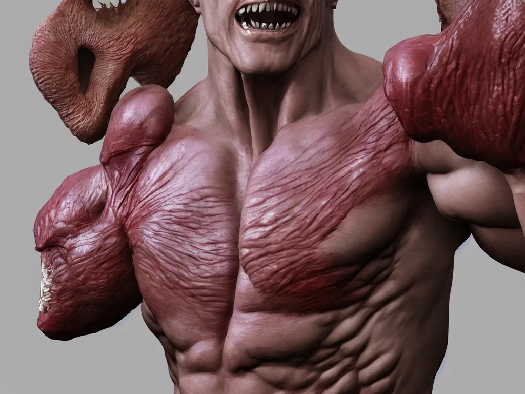 Prompt: muscular body, barnacle, chiroptera head, chiroptera ears, big sharp teeth, hyperrealism, artstation, cgsociety, zbrush, no background