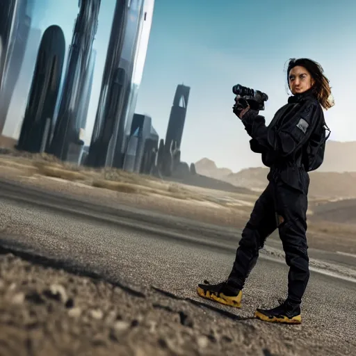 Prompt: photograph of a techwear woman, closeup, on a desert road with a futuristic city in the horizon, long exposure, sigma 85mm f/1.4, 4k, depth of field, high resolution, 4k, 8k, hd, full color