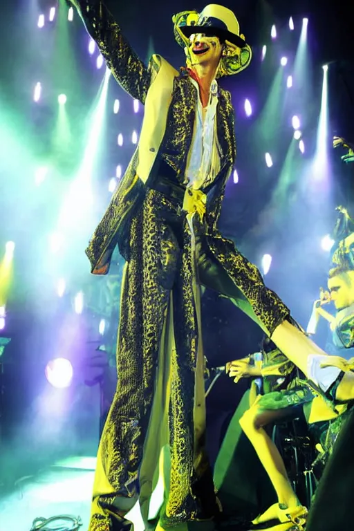 Image similar to perry farrell singing live on stag with jane's addiction, wearing a yellow fedora hat, white flared trousers and long tailcoat with large collars, 7 0's pimp style, huge angel wings behind him, photographic quality, live concert photo, photorealistic, stage lighting, lasers, neon glow, dry ice, dave navarro on guitar