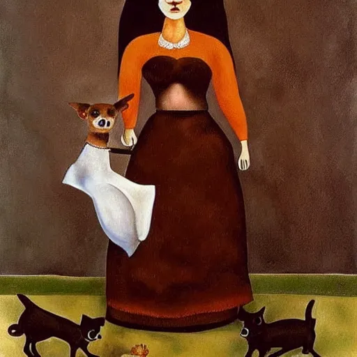 Image similar to a woman and her black and brown chihuahua by frida kahlo