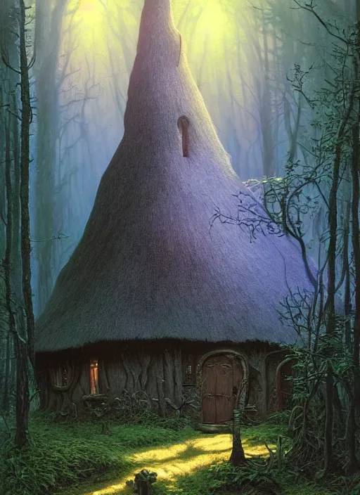 Image similar to hyper realistic witch cottage with mood lighting and technology in the woods gorgeous lighting, sunbeams blue sky, highly detailed, lush forest foliage painting by zdzisław beksinski and norman rockwell and greg rutkowski weta studio, and lucasfilm