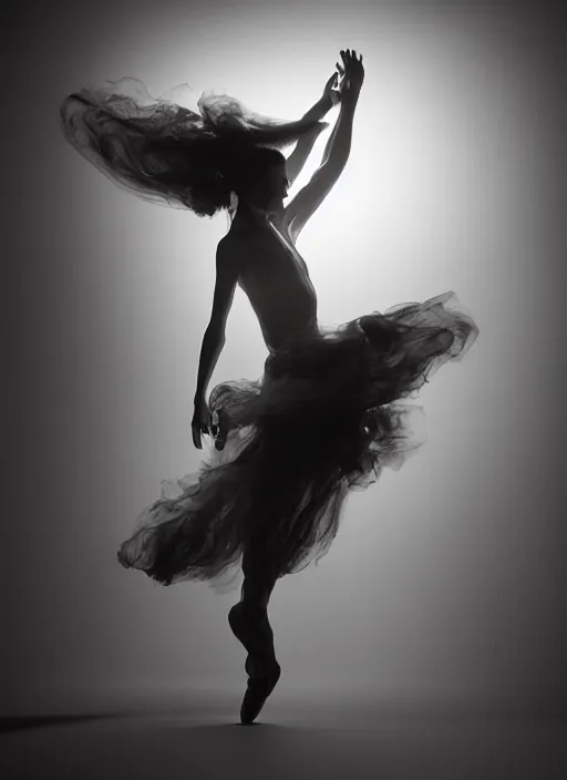 Image similar to a Photorealistic dramatic hyperrealistic render of a beautiful Female smoke dancer by Ken Brower and Deborah Ory of NYC Dance project,Lois Greenfield,Flowing cloth and smoke,Beautiful dynamic dramatic dark moody lighting,volumetric,shadows,cinematic atmosphere,Octane render,8K