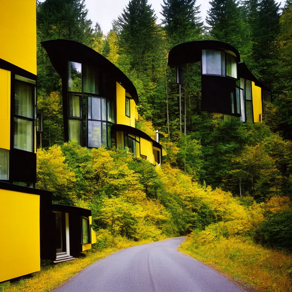 Prompt: a road leading to a mid-century modern house with large windows in the Black Forest, designed by Frank Gehry. Big tiles. Film grain, cinematic, yellow hue