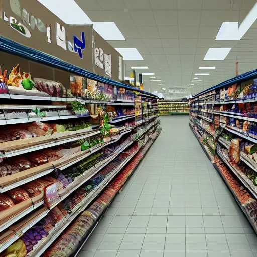 Image similar to grocery store aisle at the bottom of the ocean, cinematic movie scene, 60mm wide shot, precise architectural rendering, concept art, unreal engine, octane render, god rays