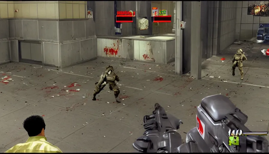 Prompt: 1993 Video Game Screenshot, Anime Neo-tokyo Cyborg bank robbers vs police, Set inside of the Bank, Open Bank Vault, Multiplayer set-piece Ambush, Tactical Squads :10, Police officers under heavy fire, Police Calling for back up, Bullet Holes and Realistic Blood Splatter, :10 Gas Grenades, Riot Shields, Large Caliber Sniper Fire, Chaos, Akira Anime Cyberpunk, Anime Machine Gun Fire, Violent Action, Sakuga Gunplay, Shootout, :14 Vibrant Anime Cel-Shaded :19 , Inspired by Intruder :10 Created by Katsuhiro Otomo: 19,