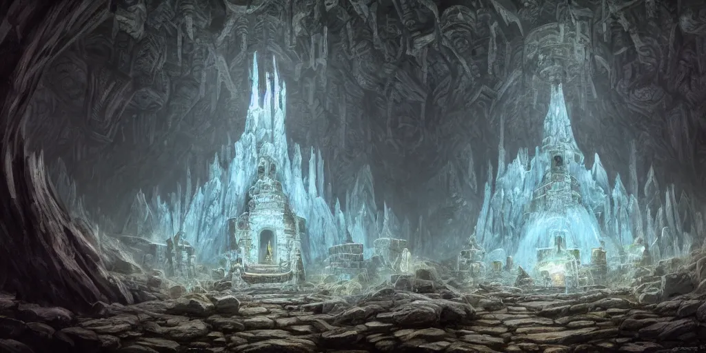 Prompt: An underground dwarven temple as lord of the rings concept art, cavern, beautiful, dwarven architecture, concept art by Viktor Vasnetsov, concept art, Lord of the Rings Moria, dark lighting, soft pastel by Ivan Shishkin, Dimitri Desiron and Antonio Lopez Garcia, hyperborea, high resolution, trending on artstation,