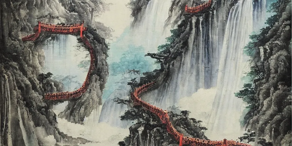 Image similar to “ large ancient gate in the middle of waterfall in chinese watercolor painting, oil painting, masterpiece, aesthetic ”