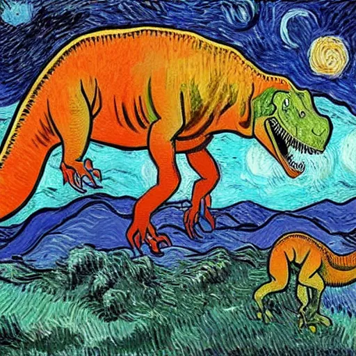 Image similar to painting of the extinction of the dinosaurs, in the style of vincent van gogh