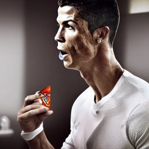 Image similar to cristiano ronaldo eating doritos in the toilet, cinematic composition, 4 k, movie still