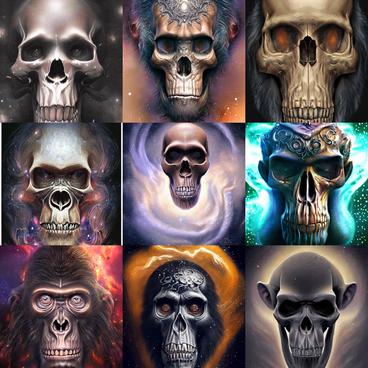 Image similar to a wlop 3 d render of very very very very highly detailed beautiful mystic portrait of a young iron'ape skull'with whirling galaxy around, tattoos by anton pieck, intricate, extremely detailed, digital painting, artstation, concept art, smooth, sharp focus, illustration, intimidating lighting, incredible art,