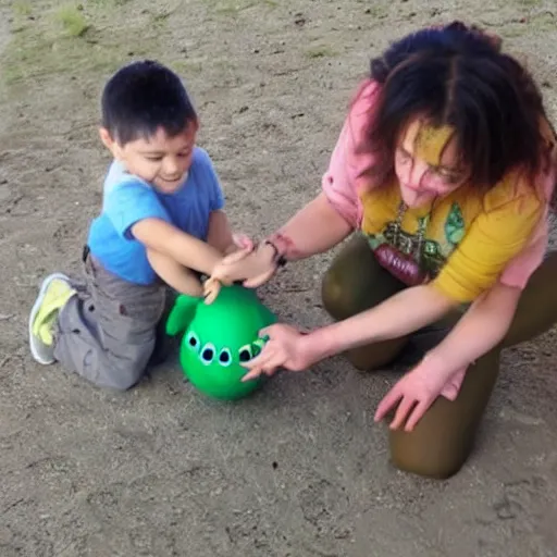 Prompt: cute little Cthulhu playing with kids