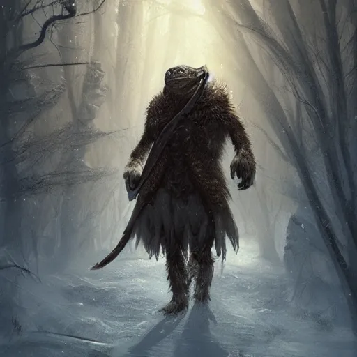 Image similar to anthropomorphic turtle humanoid, carapace, greg rutkowski, blizzard, winter, night, furs, fantasy