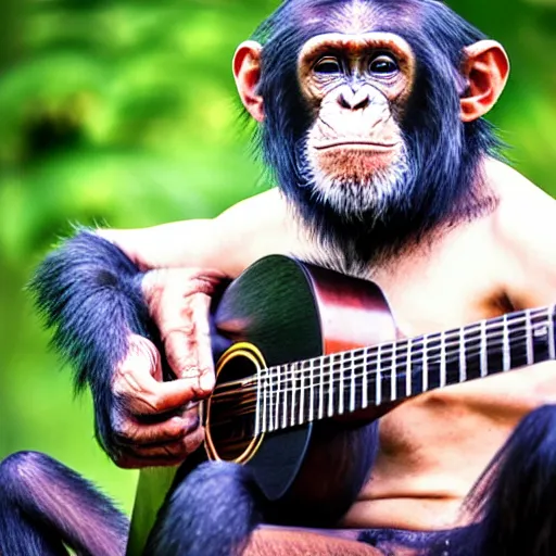 Prompt: chimpanzee with long brown human hair, long face, playing acoustic guitar