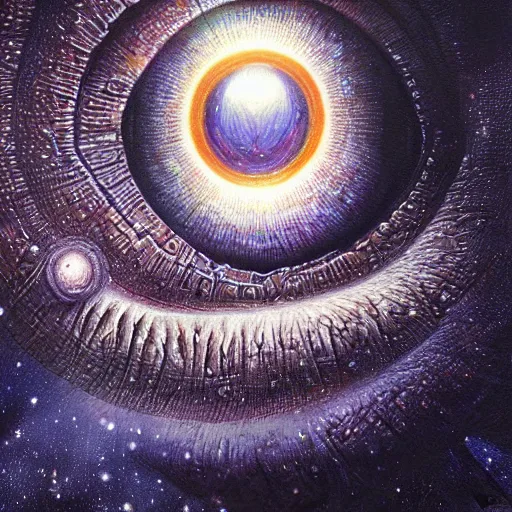 Image similar to low angle shot of a eye with the galaxy in the iris by clive barker, intricate, elegant, highly detailed, centered, digital painting, artstation, concept art, smooth, sharp focus, illustration, artgerm, Tomasz Alen Kopera, Peter Mohrbacher donato giancola, Joseph Christian Leyendecker, WLOP, Boris Vallejo.