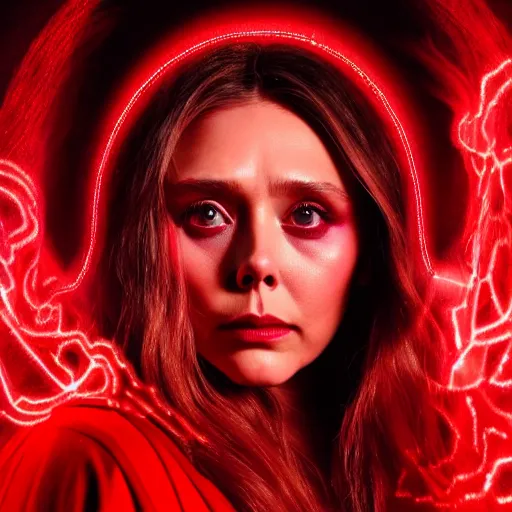 Prompt: a psychedelic full body image of elizabeth olsen in a red wizards robe casting an evil spell, detailed face, red swirls, ominous lighting, night time, high quality