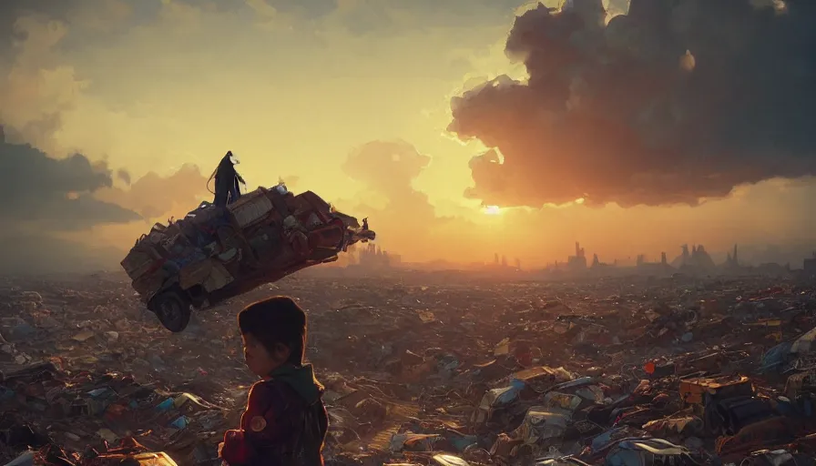 Image similar to kid standing on pile of cars on garbage dump, wasteland city, sunset sky, nostalgia feeling, greg rutkowski, alphonse mucha, trending on artstation, 4 k highly detailed art, digial art, karl schulschenk, dmitriy eremenkov